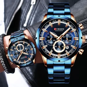 Reloj Curren para hombre, esfera azul, banda de acero inoxidable, fecha, relojes de negocios para hombre, relojes de pulsera de lujo resistentes al agua para hombre