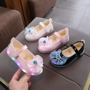 Zapatos de niña 2025, nuevos zapatos luminosos de primavera, zapatos de cuero con lazo, zapatos de princesa con diamantes de imitación, zapatos de mujer a la moda, zapatos para niños Allmatch