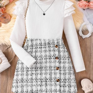 Primavera y otoño, ropa informal de moda de 2 piezas para niños, top blanco de manga larga con cuello alto y manga voladora + falda acampanada a cuadros