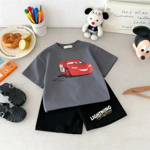 Ropa de verano con estampado de coche de dibujos animados, traje de manga corta para bebés, 2 unid/set, camiseta para niños, pantalones cortos, trajes informales, chándales para niños