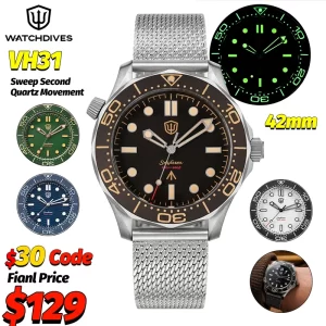 Reloj de lujo Watchdives WD007Q de titanio 007 NTTD VH31, reloj de pulsera de cuarzo con cristal de zafiro AR, resistente al agua hasta 200 m, 42 mm, estilo vintage.