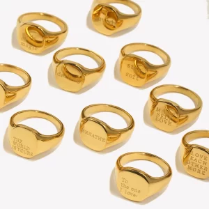 E.B.belle, joyería grabada, regalo, letra minimalista, palabra Suqare, anillo de acero inoxidable, anillo chapado en oro resistente al agua para mujer