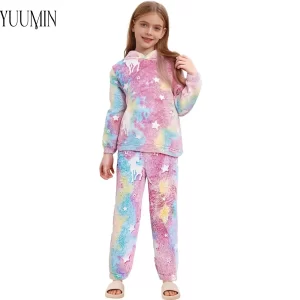 Ropa deportiva informal de forro polar Coral Tie-Dye para niñas, Sudadera con capucha de manga larga y pantalones con cintura elástica para correr en casa y al aire libre