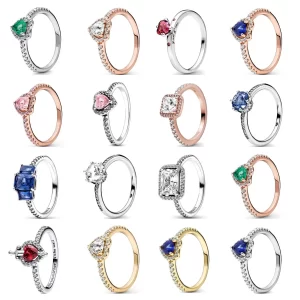 Anillo de Plata de Ley 925 con forma de corazón rojo, piedra colorida, tamaño 6, 7, 8, 9, anillo de Margarita y copo de nieve, joyería fina de moda para boda para mujer