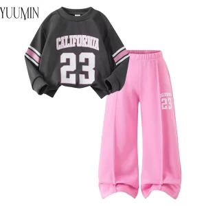 Conjunto deportivo de 2 piezas para niñas, chándal informal con estampado de letras y números, sudadera de manga larga con pantalones para entrenamiento al aire libre