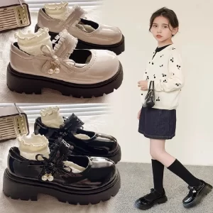 Zapatos escolares negros de cuero PU para niñas, zapatos planos suaves de princesa para niños, Mary Janes para fiesta de boda con colgante de perlas, piel dulce y brillante