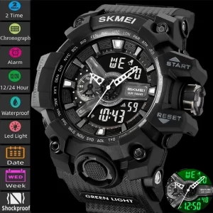 Relojes deportivos militares Skmei a prueba de golpes para hombre, moda de doble zona horaria, esfera de gran tamaño, cronógrafo LED, reloj despertador resistente al agua para hombre