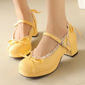 Zapatos de tacón Mary Jane para cosplay de Lolita para mujer, tacón de bloque con plataforma y correa, encaje y lazo, zapatos de vestir vintage Kawaii de talla grande 31-50