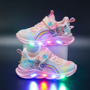Zapatos informales de Disney para niña, zapatillas deportivas de malla transpirables con luces Led, princesa Elsa, color rosa y morado, talla de zapatillas 22-37