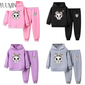 Conjunto deportivo con forro polar y estampado de gato para niños, sudadera con capucha de manga larga y pantalones de chándal para niñas, ropa informal de uso diario para vacaciones