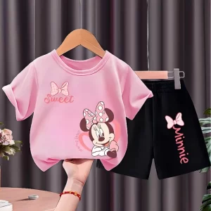 Conjunto de dos piezas de camiseta y pantalones cortos para niños, traje superior de manga corta con cuello redondo para niñas, trajes informales para niños, conjuntos de pantalones cortos transpirables de verano