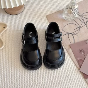 Zapatos de princesa de cuero para niñas, zapatos negros para fiesta de boda, regreso a la escuela, Mary Janes, doble hebilla de corazón, moda suave clásica