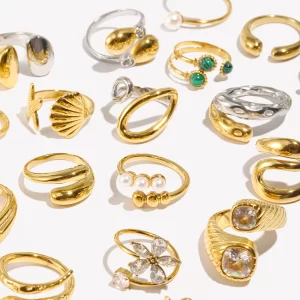 E.B.belle corazón claro circón flor perla doble cabeza de serpiente anillo abierto chapado en oro de 18 quilates joyería de fiesta de acero inoxidable para mujer