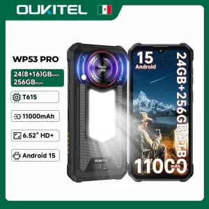 OUKITEL WP53 PRO Teléfono resistente, 24(8+16)GB+256GB 11000mAh Android 15, 6.52" HD+ NFC 50MP Teléfono celular, 128dB Speaker