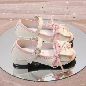 Zapatos de Princesa de Cuero PU para Niñas, Tacón Medio, Estilo Coreano, Calzado de Baile, Lazo de Perlas de Lujo, Zapatos para Adolescentes