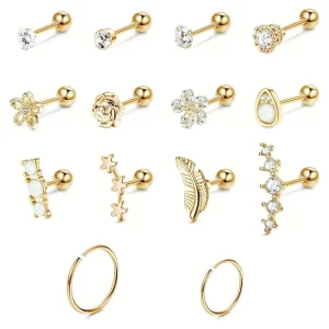 Drperfect-pendientes de cartílago de acero inoxidable quirúrgico, 16G, pendientes de hélice para sofá, Piercing, conjunto de pendientes brillantes de ópalo