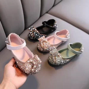 Sandalias para niñas, zapatos de princesa con lazo de diamantes de imitación y lentejuelas a la moda para niñas, Sandalias planas para niños, talla 21-36