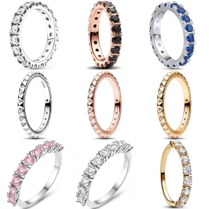 Anillo de plata 925 con banda de eternidad para mujer, repleto de circonita con incrustaciones brillantes, diseño minimalista apilable, accesorio de joyería de boda