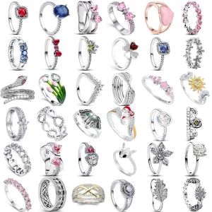 Anillos brillantes de circón con alas de flor y corazón para mujer, corona de Plata de Ley 925 de Navidad, joyería fina, regalos de aniversario de boda