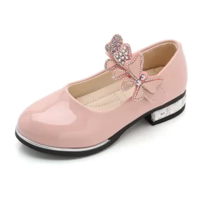 Zapatos de cuero para niñas para fiesta, boda, zapatos de rendimiento para niños con nudo de mariposa, zapatos de tacón alto con diamantes de imitación a la moda para niños