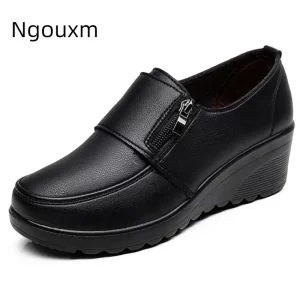 Ngouxm primavera otoño mujeres bombas cuñas zapatos mujer cuero genuino zapatos casuales madre tacones altos zapatos