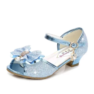 Novedad de verano, zapatos de cuero para niñas, tacones altos, sandalias brillantes de princesa para fiesta, zapatos de boda para niños, zapatos con pajarita