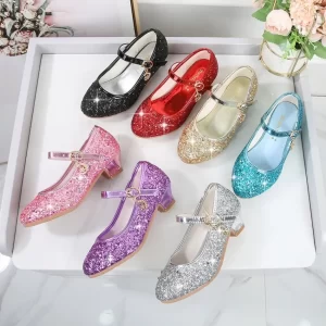 Zapatos para niñas, sandalias de cristal con purpurina de tacón alto para niños, zapatos de baile de princesa con hebilla a la moda, zapatos de cuero para actuación de estudiantes
