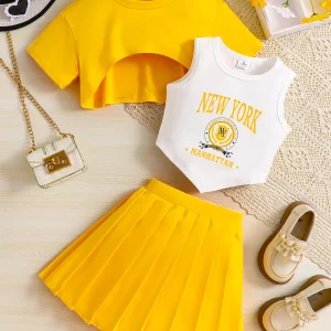 Conjunto de verano para niña, camiseta de manga corta de color sólido transpirable y fresca con estampado de letras y pantalones cortos de tiras, conjunto de tres piezas