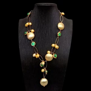 Y · YING-collar con forma de moneda cepillada para mujer, collar con forma de moneda, Color dorado, Perla de arroz verde, cristal de Murano, joyería