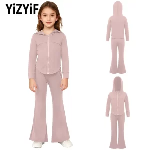 Conjunto de Yoga para niñas, traje deportivo de secado rápido, Sudadera con capucha de manga larga a la moda + Pantalones acampanados para entrenamiento, uso diario informal, 2 uds.