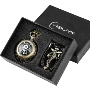 Reloj de bolsillo Fullmetal Alchemist de plata/bronce con colgante, reloj de bolsillo de cuarzo para hombre, collar de Anime japonés, reloj, conjunto de regalos de alta calidad