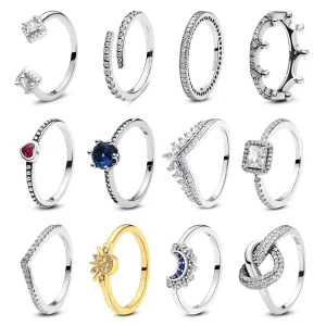 Anillos de plata de ley 925 para mujer, corona Original, corazón de amor, espoleta, compromiso, boda, anillo de cristal de oro rosa, joyería de lujo