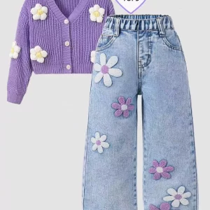 Pantalones vaqueros de mezclilla con puntada de toalla con estampado floral para niña, diseño de cintura suelta a la moda, pantalones casuales versátiles para niños. Pretina elástica completa