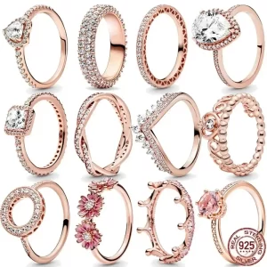 Adornos de rendimiento, anillo clásico de Plata de Ley 925 de la serie de oro rosa, gema brillante, elegante anillo con dije de flor, regalo de cumpleaños para mujer