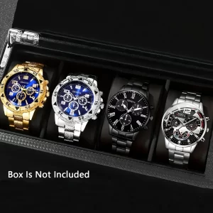 Reloj de cuarzo para hombre de moda de 4 piezas: correa de acero inoxidable, caja redonda de aleación de zinc, deportes electrónicos
