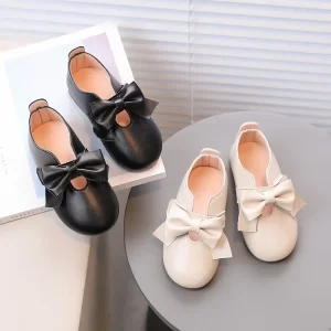 Zapatos de cuero para niños con lazo, punta redonda, Color sólido, zapatos casuales suaves para niños, zapatos planos de princesa para niñas, mocasines