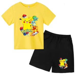 Camiseta para niños, conjunto de dos piezas de 3 a 12 años, ropa informal de verano de Pokémon con diseño de Pikachu, ropa para niños y niñas, conjunto informal de manga corta y pantalones cortos
