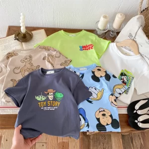 Camiseta holgada de manga corta con estampado de dibujos animados para niños, ropa para niños, camisetas con cuello redondo de 9m-6y, novedad de 2024