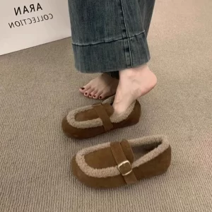 Smile nuevo Otoño Invierno mocasines Retro de gamuza con forro polar para mujer zapatos cálidos sin cordones zapatos de suela blanda para mujer zapatos de algodón para mujer