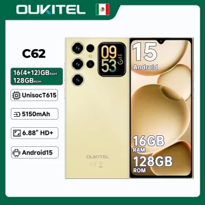 OUKITEL C62 Smartphone Android 15, 6,88" HD+ Display Unisoc T615 Teléfono celular, 16GB (4+12) + 128GB, 5150mAh Batería Mobile Phone