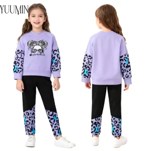 Conjunto de entrenamiento de 2 piezas para niña, ropa deportiva elegante para niño, jersey con abertura lateral y estampado de leopardo de manga larga, conjunto de sudadera y pantalones