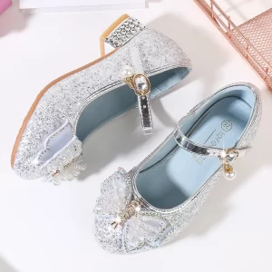 Zapatos de tacón alto con diamantes de imitación y lazo de perlas para niña, calzado de cuero para fiesta de baile, mariposa de cristal, boda, novedad de 2024