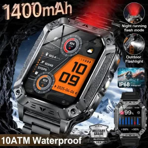 Reloj Inteligente Militar 2026 con Batería de 1400 mAh, Linterna LED, Resistente al Agua 10 ATM, Monitor de Ritmo Cardíaco, Llamadas de Voz, para Hombre, con Más de 120 Modos Deportivos