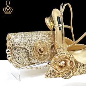 QSGFC Zapatos y bolso de Color dorado brillante, bolsos elegantes y zapatos de tacón medio, hermosas flores hechas a mano para fiesta de boda
