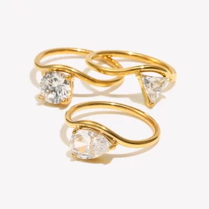 E.B.belle-Anillo de circón redondo con forma de gota ondulada, anillos minimalistas impermeables de acero inoxidable 316L para mujer, accesorios chapados en oro de 18 quilates