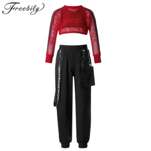 Conjuntos de ropa de hip hop para niños, trajes deportivos, chándal para niñas, gimnasio, malla, Top corto de manga larga, chaleco, pantalones, disfraz de Jazz para niños