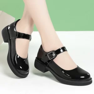 Zapatos de cuero brillantes de boca poco profunda transpirables de 3,5 cm para mujer Mary Janes 2025 otoño tacones cuadrados medios Sheos negro para mamá de oficina