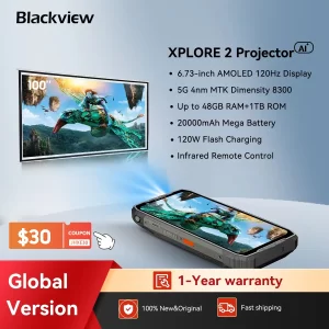 Blackview XPLORE 2 Proyector 5G AI Smartphone resistente, pantalla AMOLED de 6,73" y 3,2 K, cámara de 50 MP, 20000 mAh, teléfono móvil NFC para exteriores