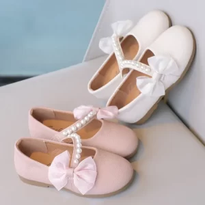 Zapatos de cuero con perlas para niña, calzado de princesa elegante con lazo, zapatos planos Mary Janes de punta redonda para fiesta y boda