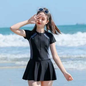 Traje de baño de una pieza para niña, ropa de baño de manga corta para adolescentes, deportes, buceo, piscina, falda, ropa de playa